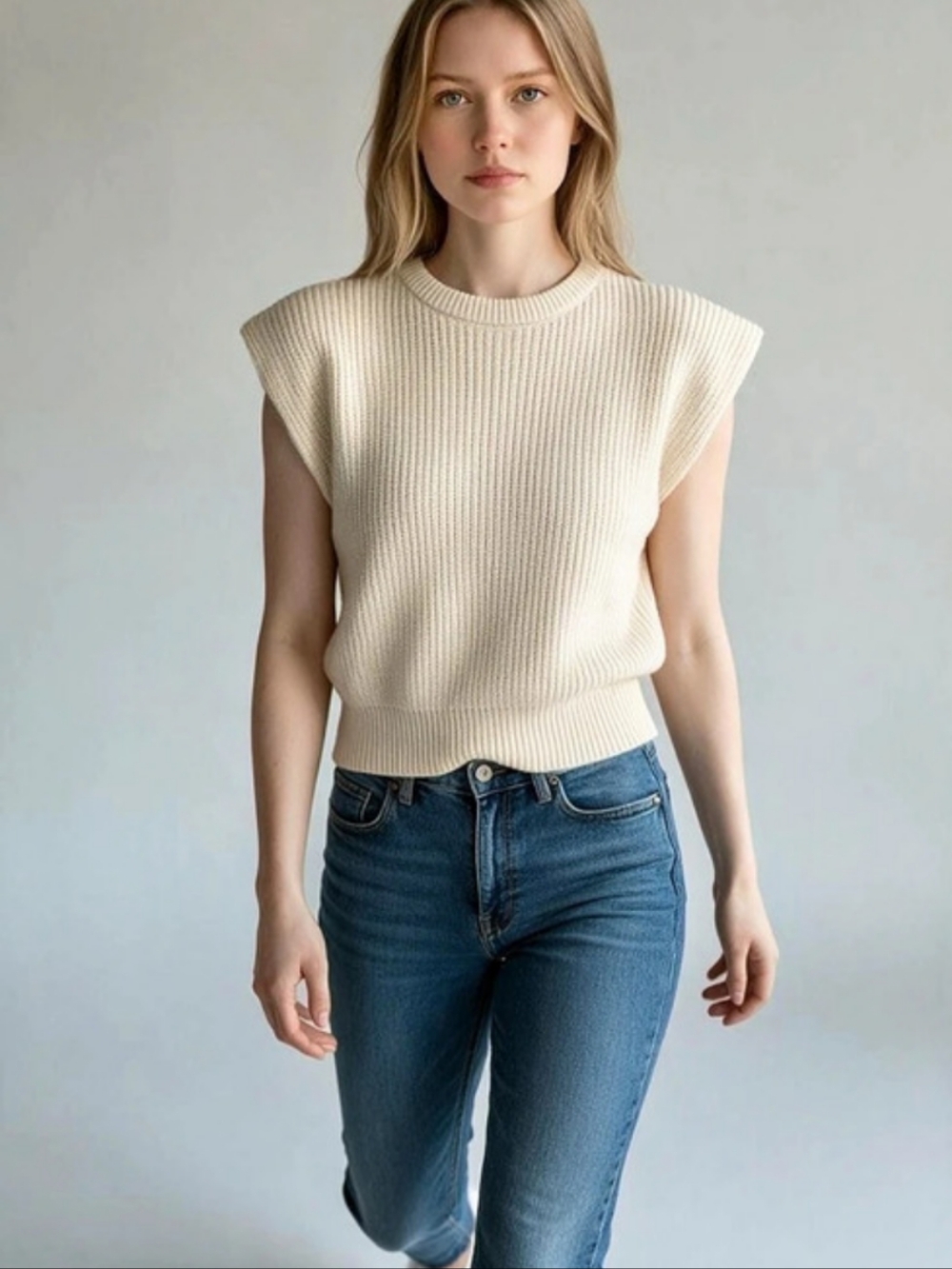 She & Sky Cream Knit Sleeveless Sweater